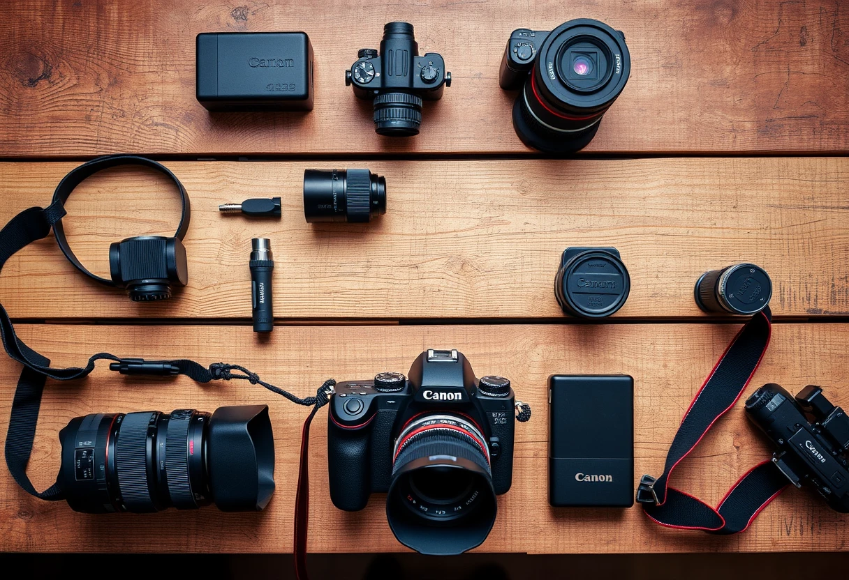 Camera equipment on a wooden table