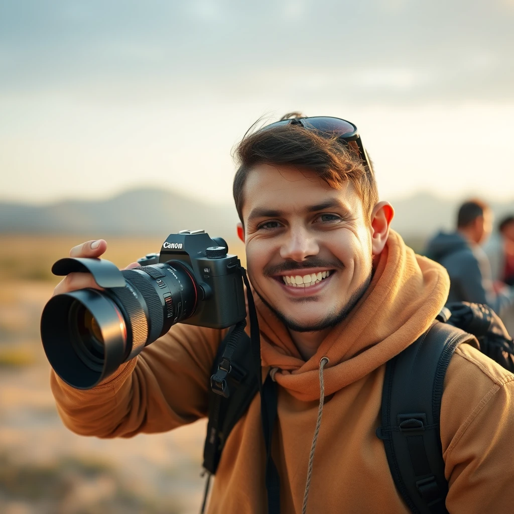 Portrait of the photographer smiling with a camera